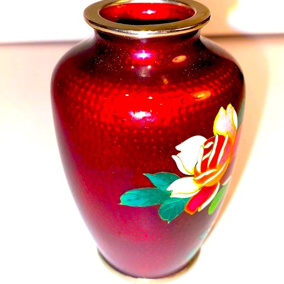 Japanese Ginbari Cloisonné Ando Sato Pigeon Blood Rose Vase - Picture 5 of 6